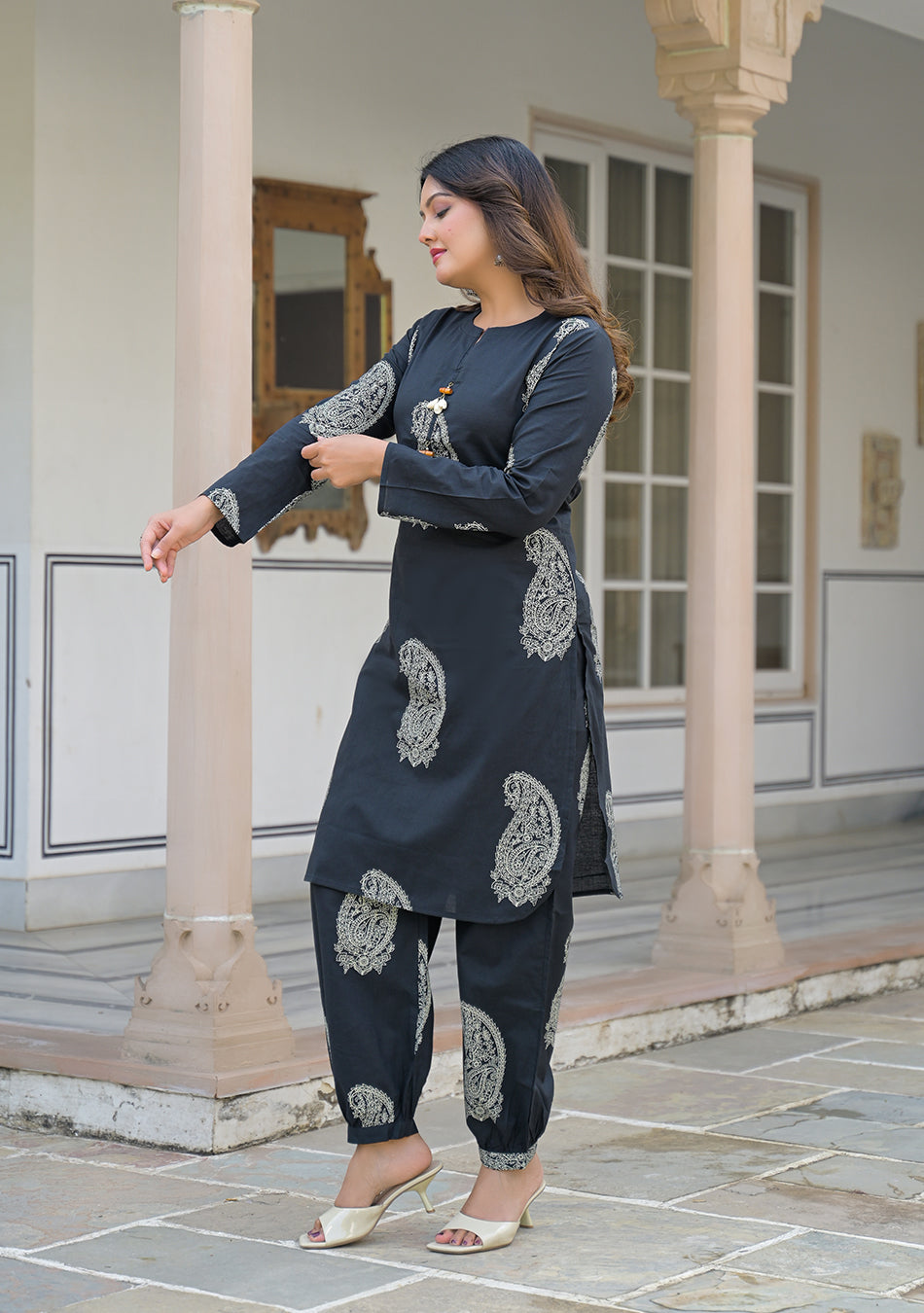 Black paisley Kurta and Cuffed Hem Pant Set