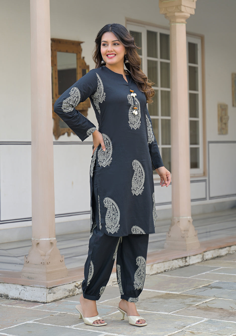 Black paisley Kurta and Cuffed Hem Pant Set