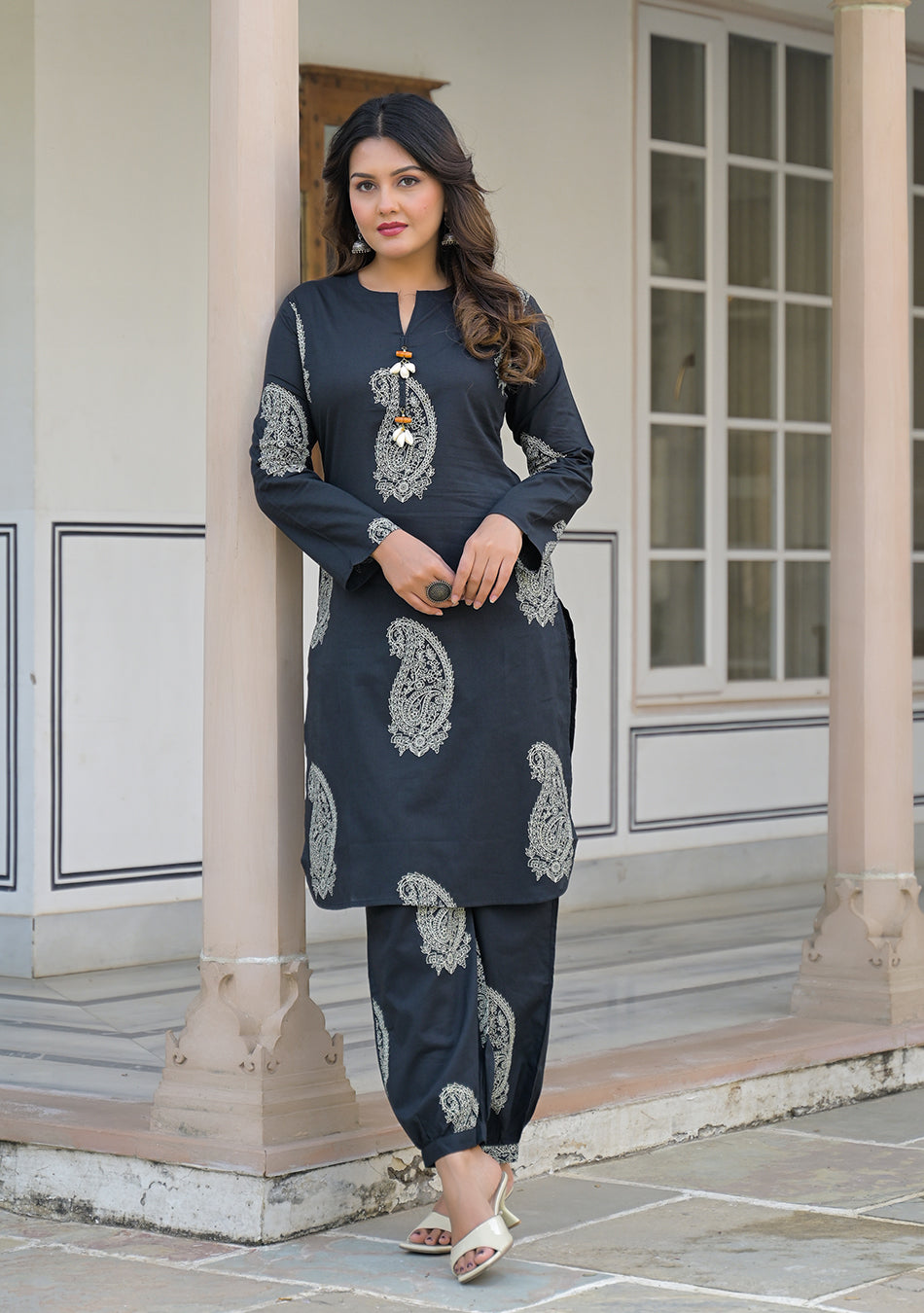 Black paisley Kurta and Cuffed Hem Pant Set