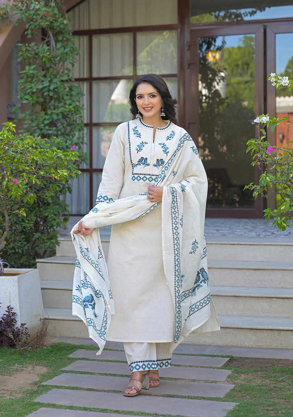 Ivory embroidered Twin Birds Suit Set