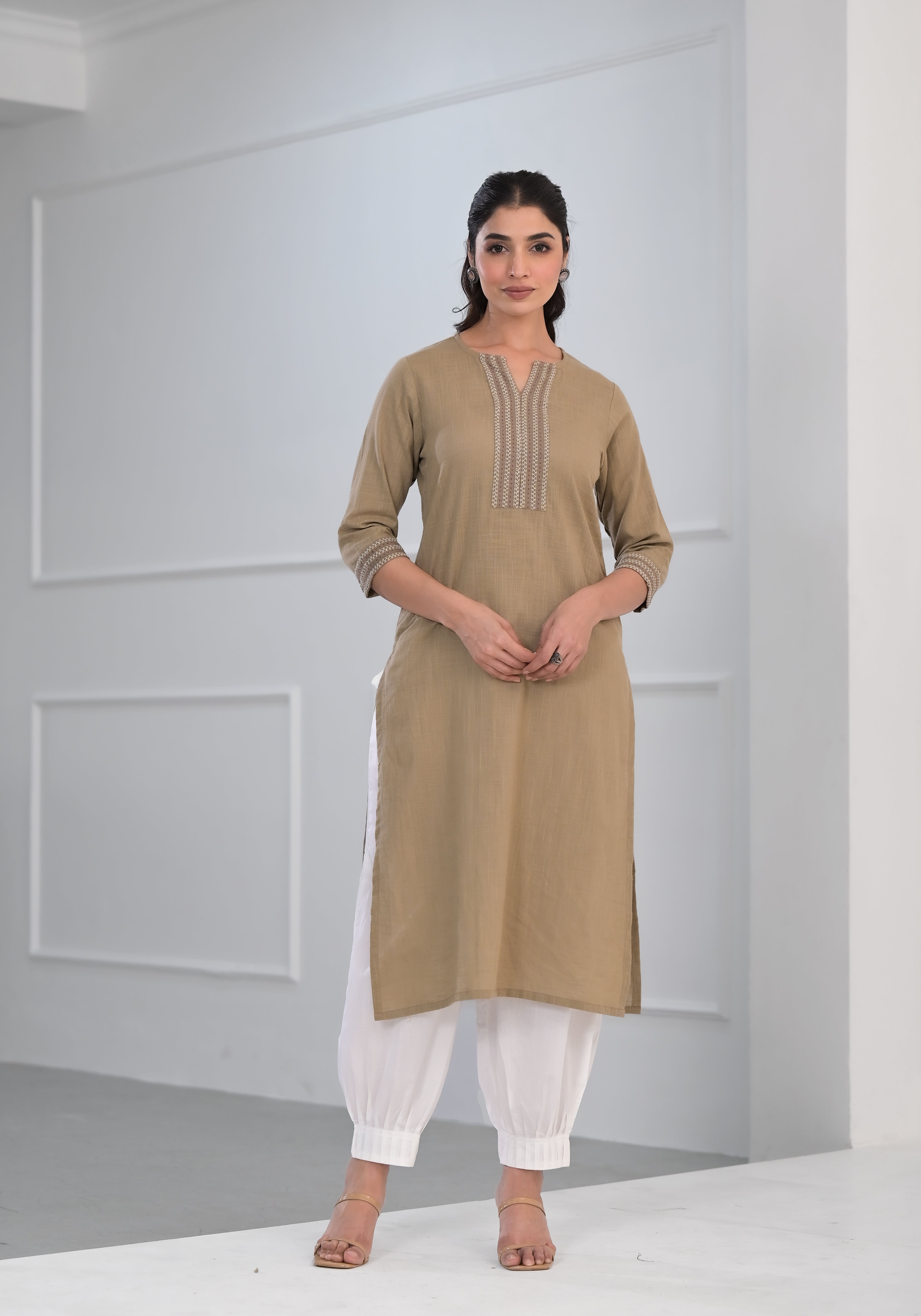 Khakhi Solid Cotton Slub Kurta