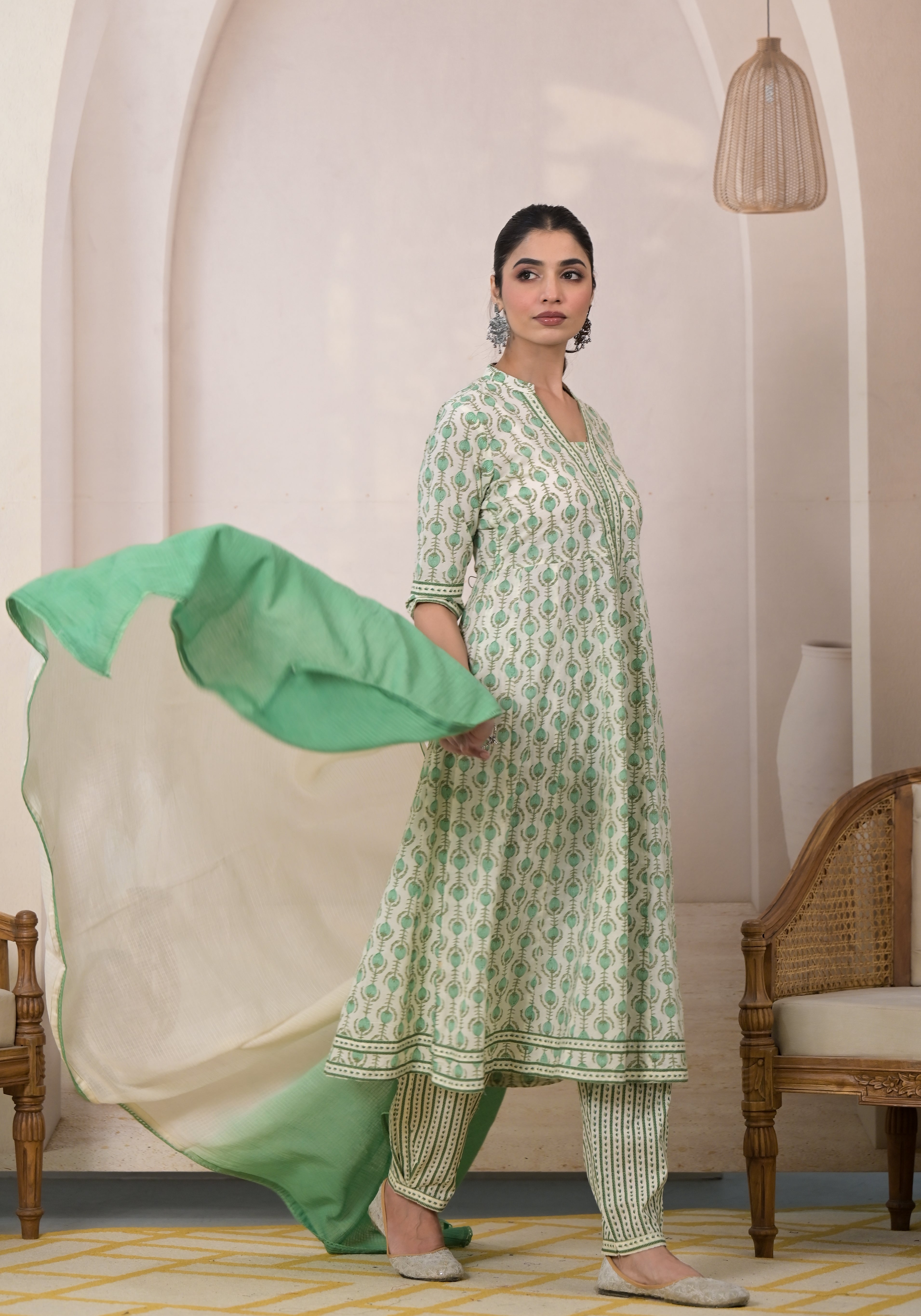 Mint Blossom Anarkali Suit with Dupatta