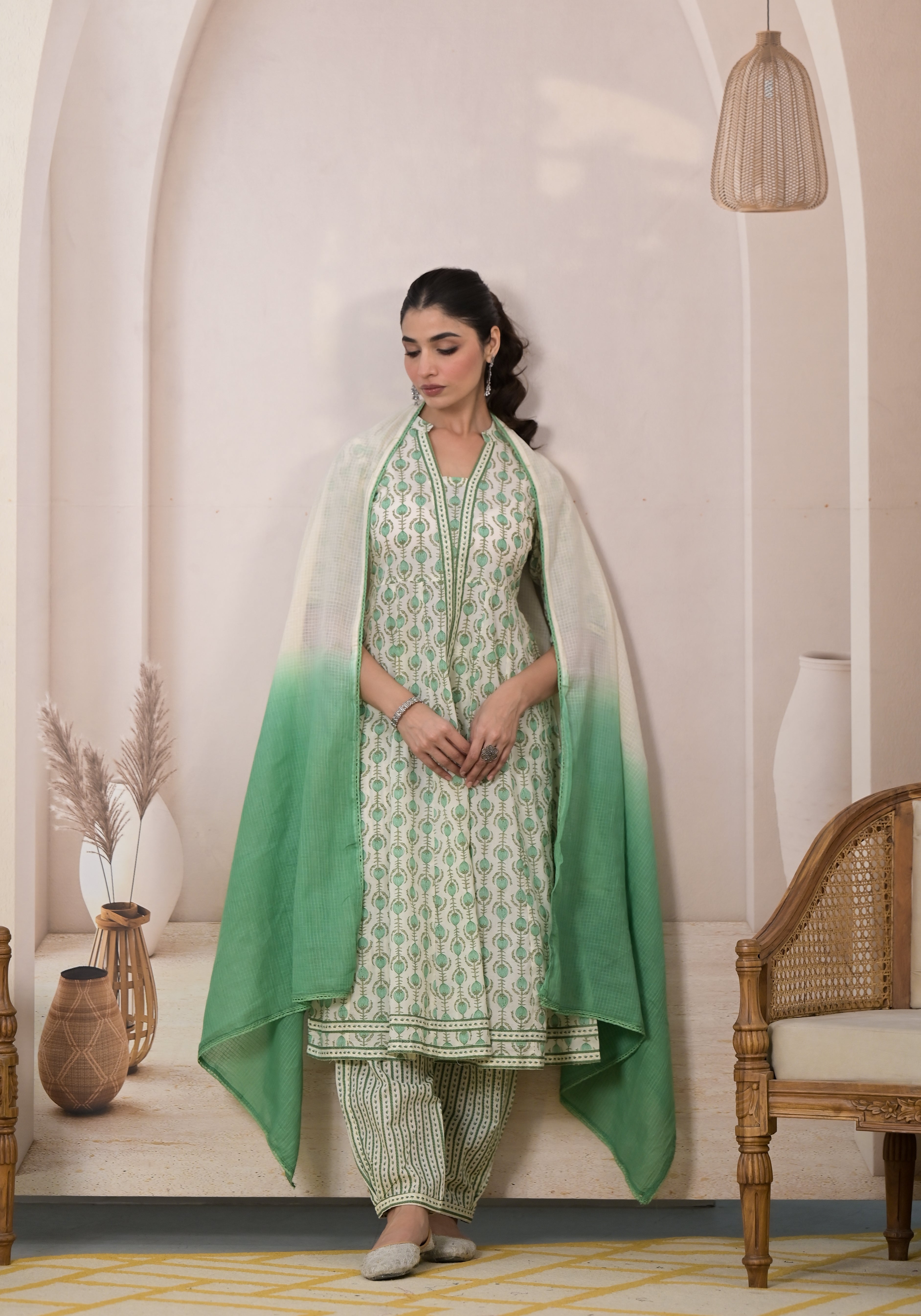 Mint Blossom Anarkali Suit with Dupatta