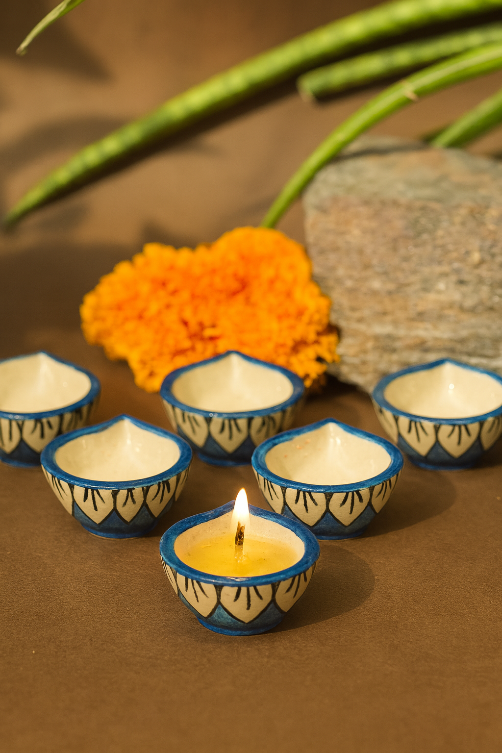 Sky Blue blossom Diya - set of 6
