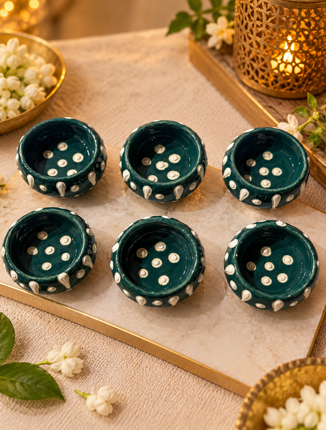Aravalii Deep Teal Dot Glow Diyas