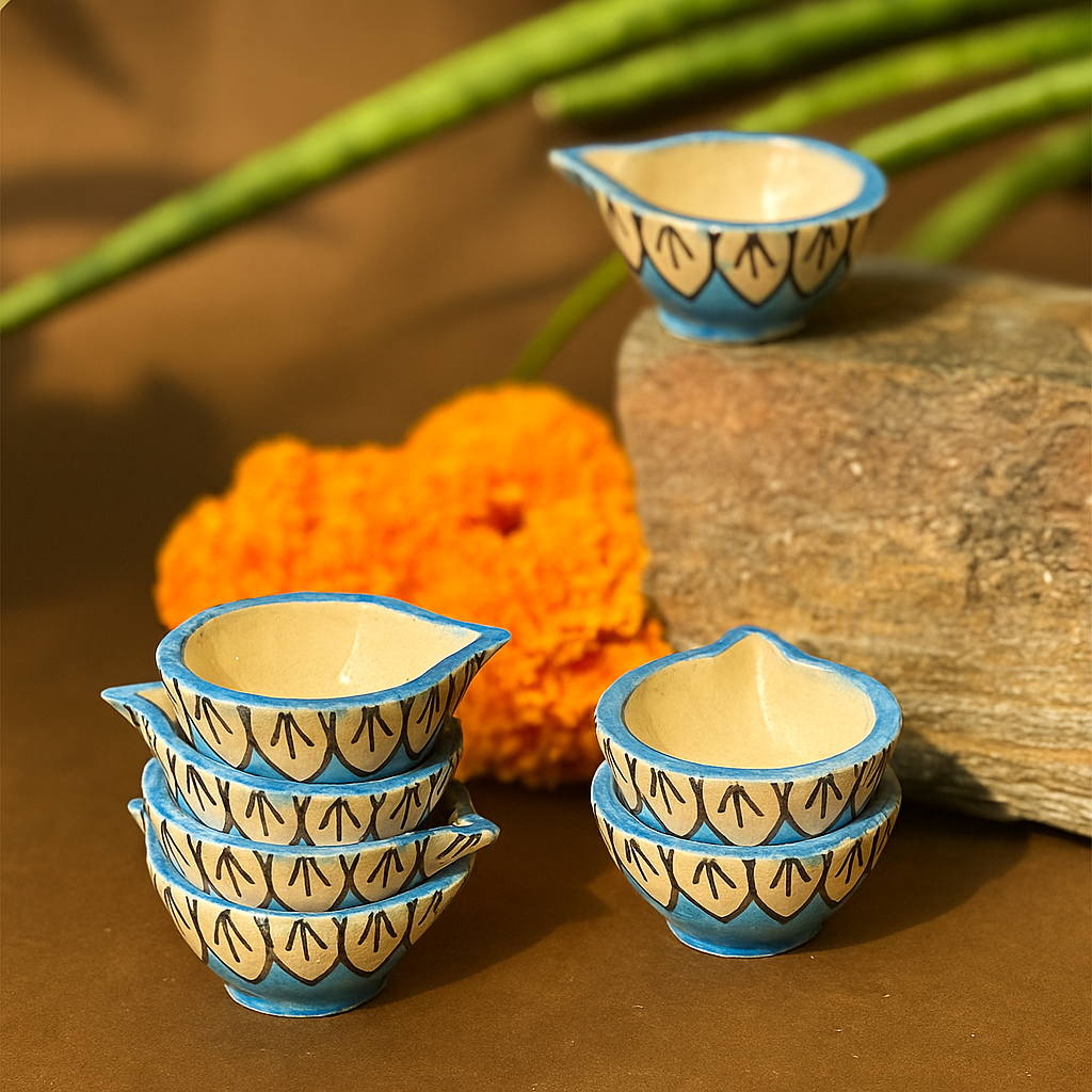 Sky Blue blossom Diya - set of 6