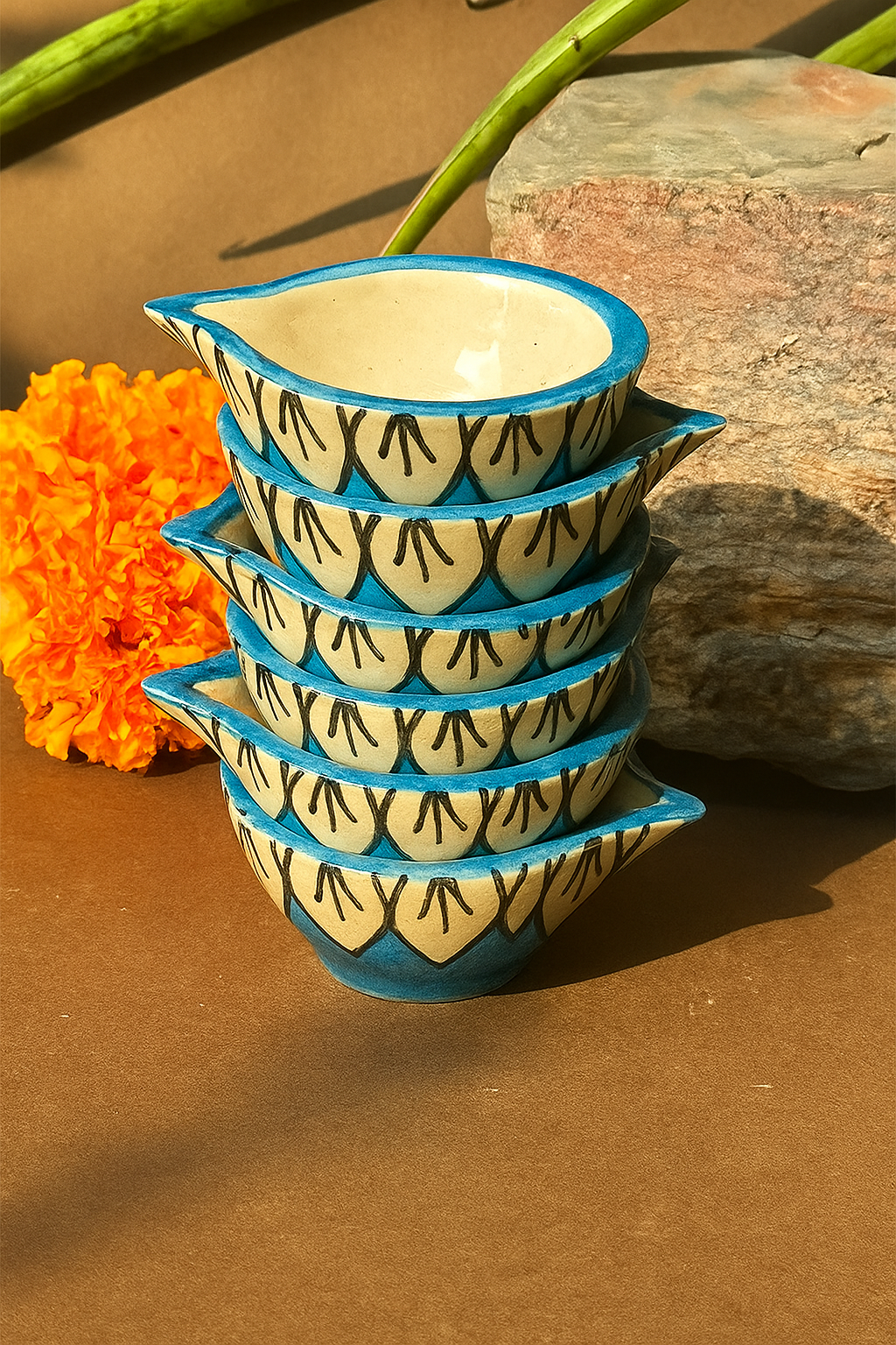 Sky Blue blossom Diya - set of 6