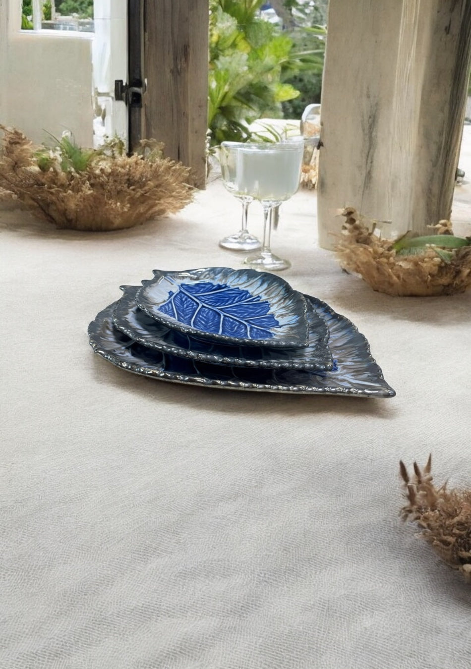 Leaf Blue-Grey Ceramic Platter Set