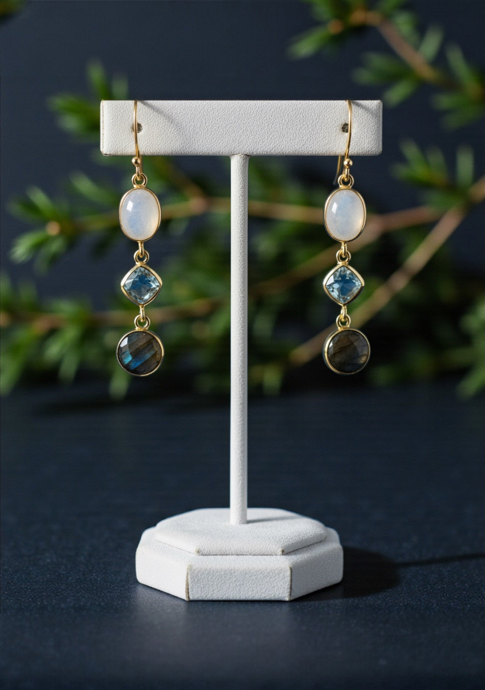 Blue Topaz And Moonstone Gold Plated Earrings
