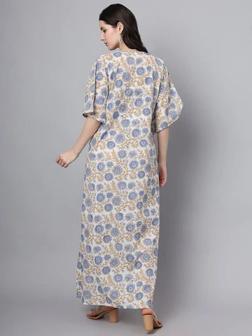 White And Blue Floral Print Kaftan