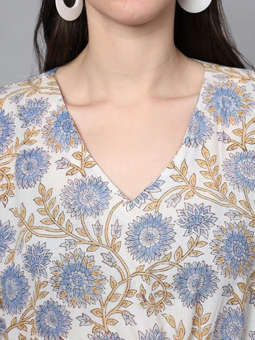 White And Blue Floral Print Kaftan