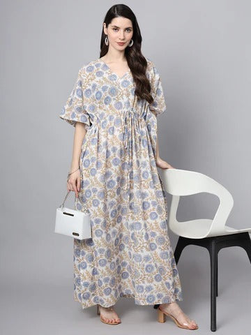 White And Blue Floral Print Kaftan