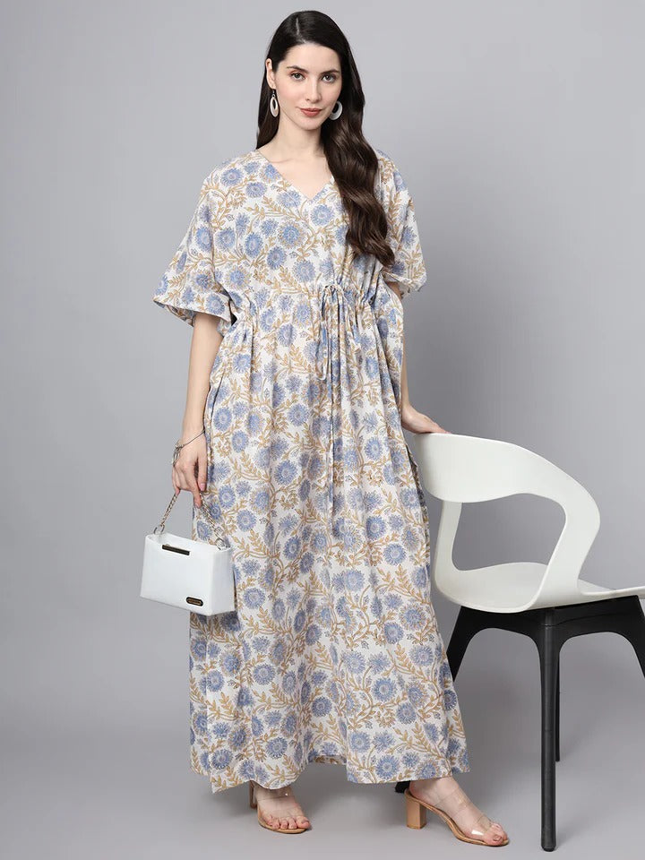 White And Blue Floral Print Kaftan
