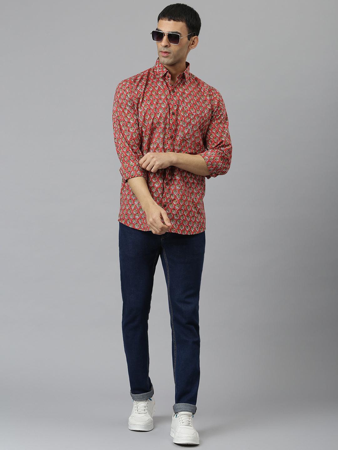 Pink & Green Cotton Full Sleeve Shirt for Men