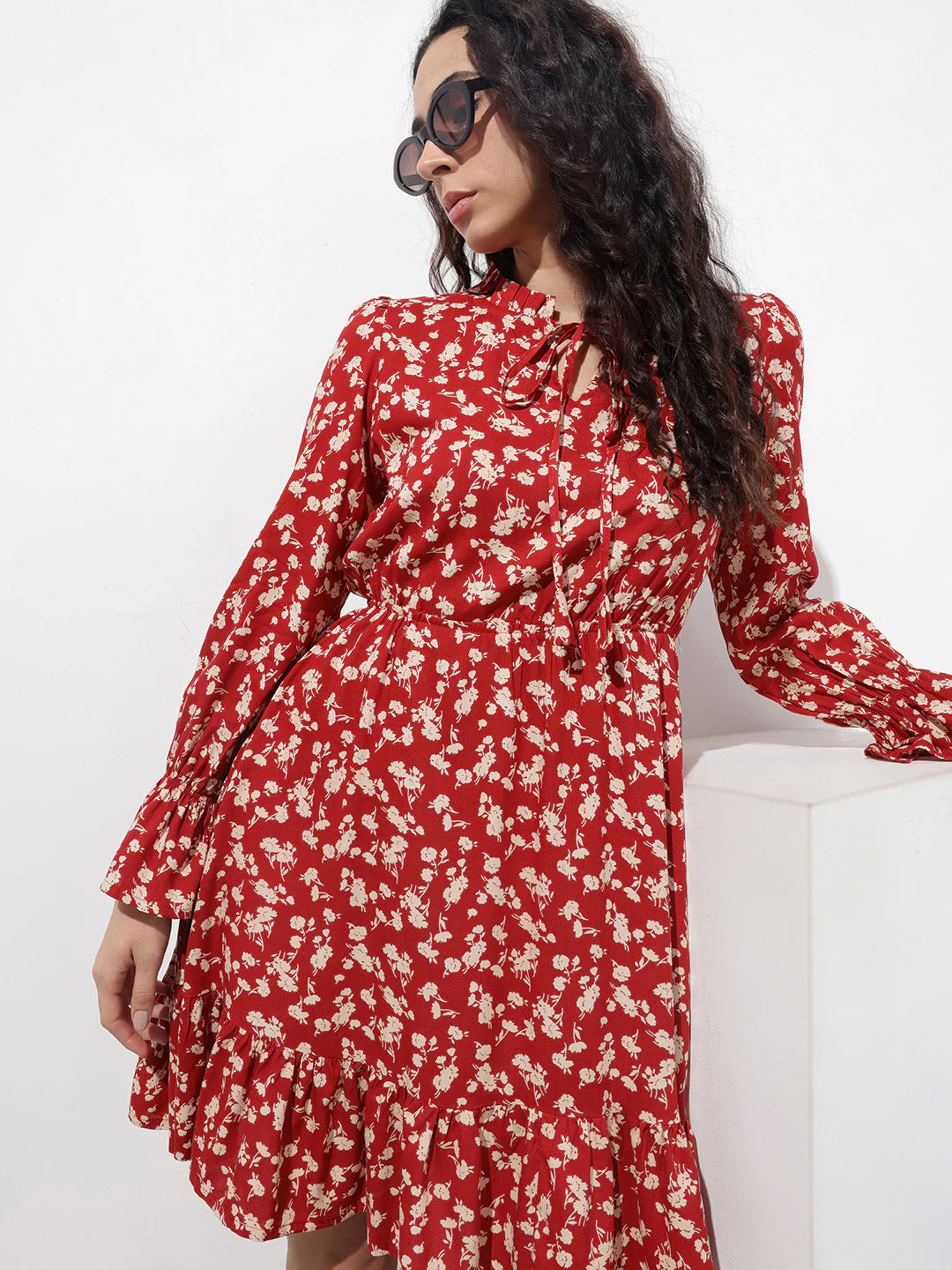 Aravalii Maroon Round Neck Floral Print Rayon Midi Dress