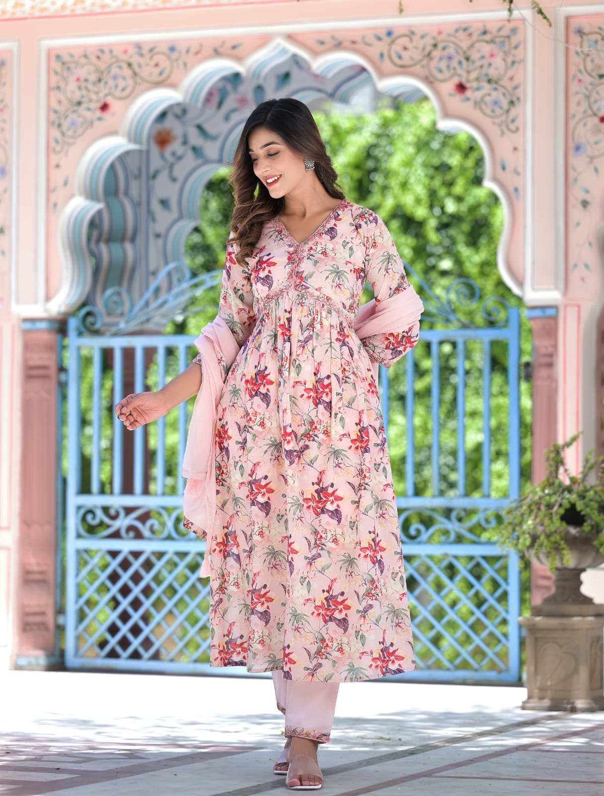 Light and Breezy Pink Floral Anarkali Kurta Pant Set With Dupatta