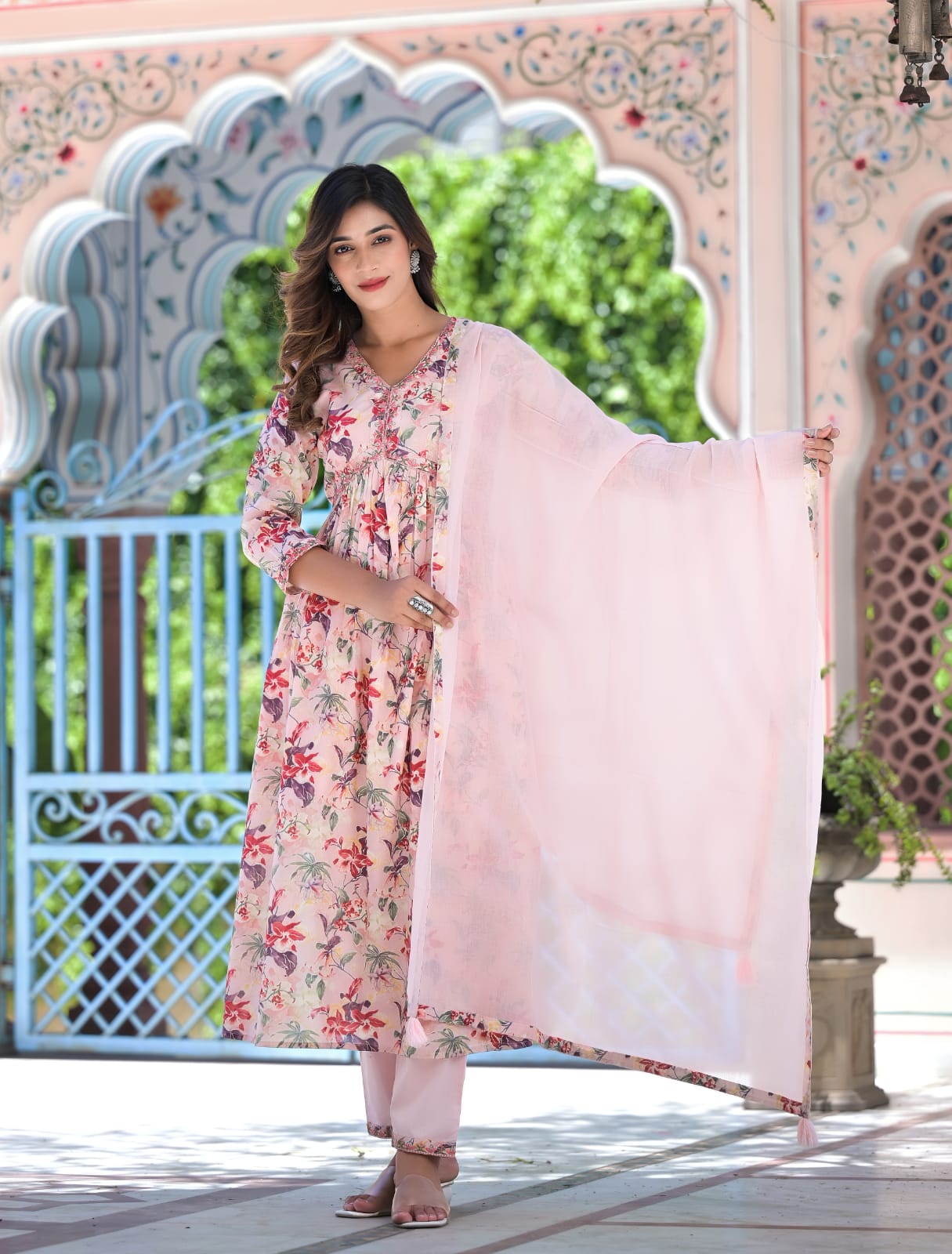 Light and Breezy Pink Floral Anarkali Kurta Pant Set With Dupatta