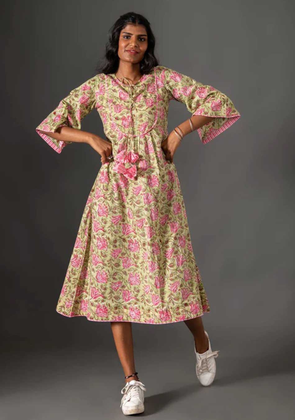 Pink-Green A-line Cotton Midi Dress