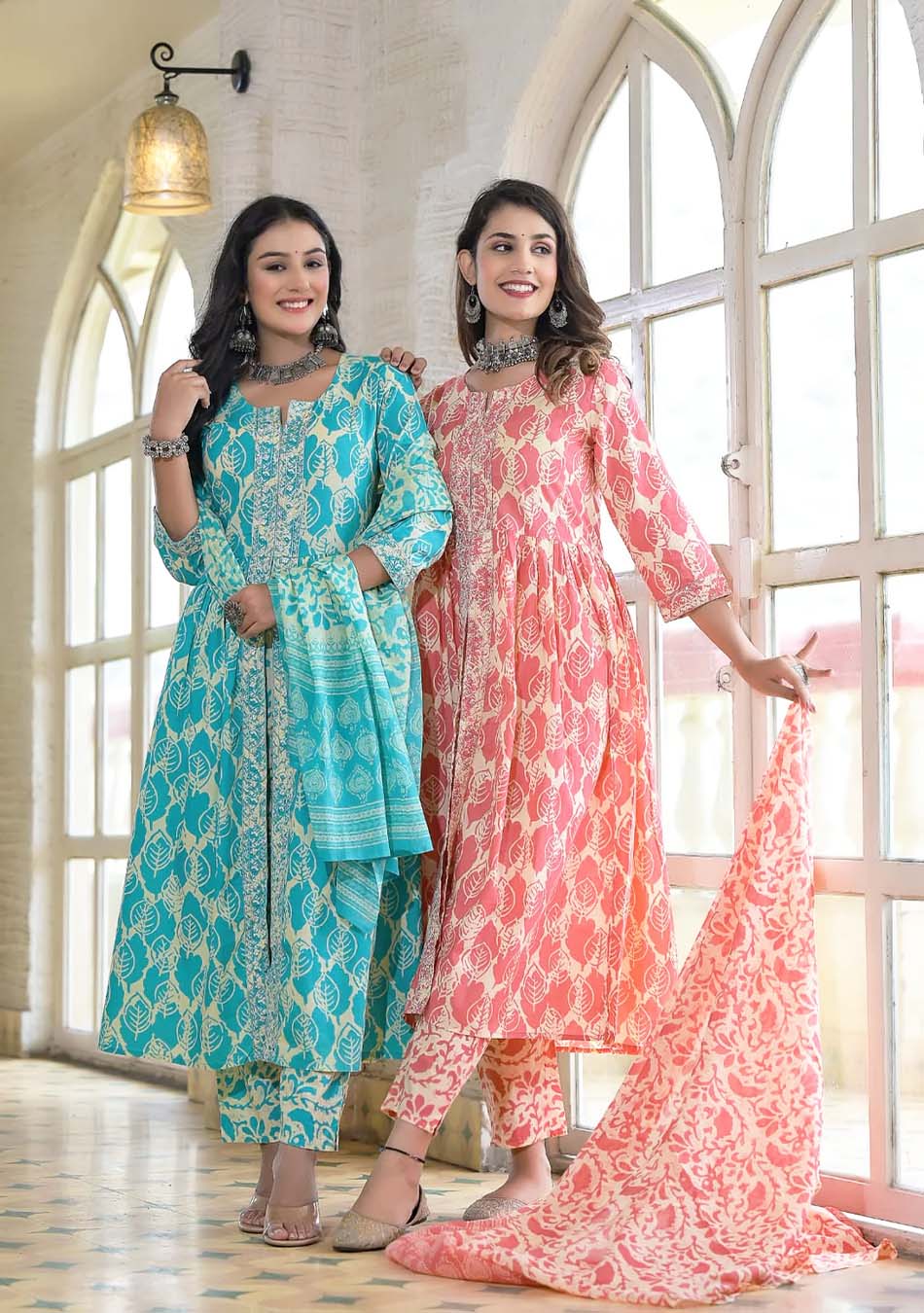 Pink & Cream Front Open Print Kurta Pant Set With Dupatta