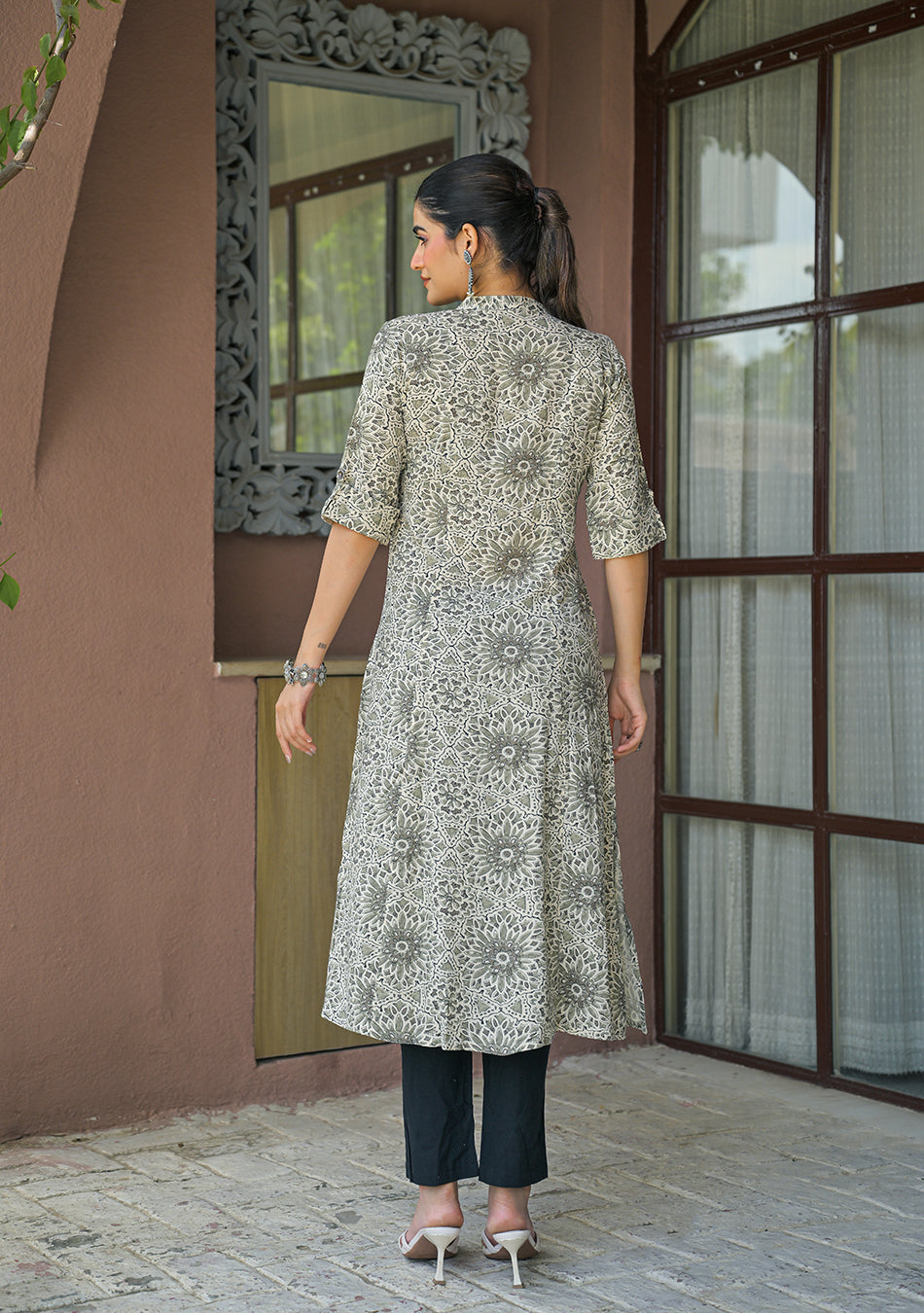 Aravalii Charcoal Floral A-Line Kurta
