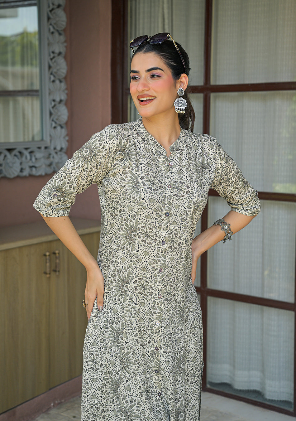 Aravalii Charcoal Floral A-Line Kurta