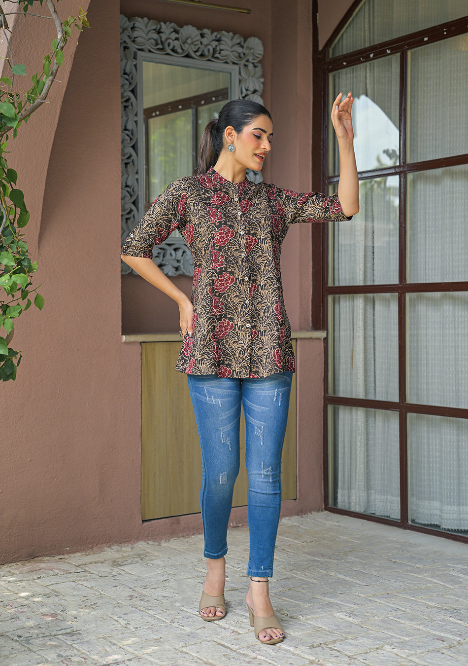 Cocoa Folk Flora Printed Top