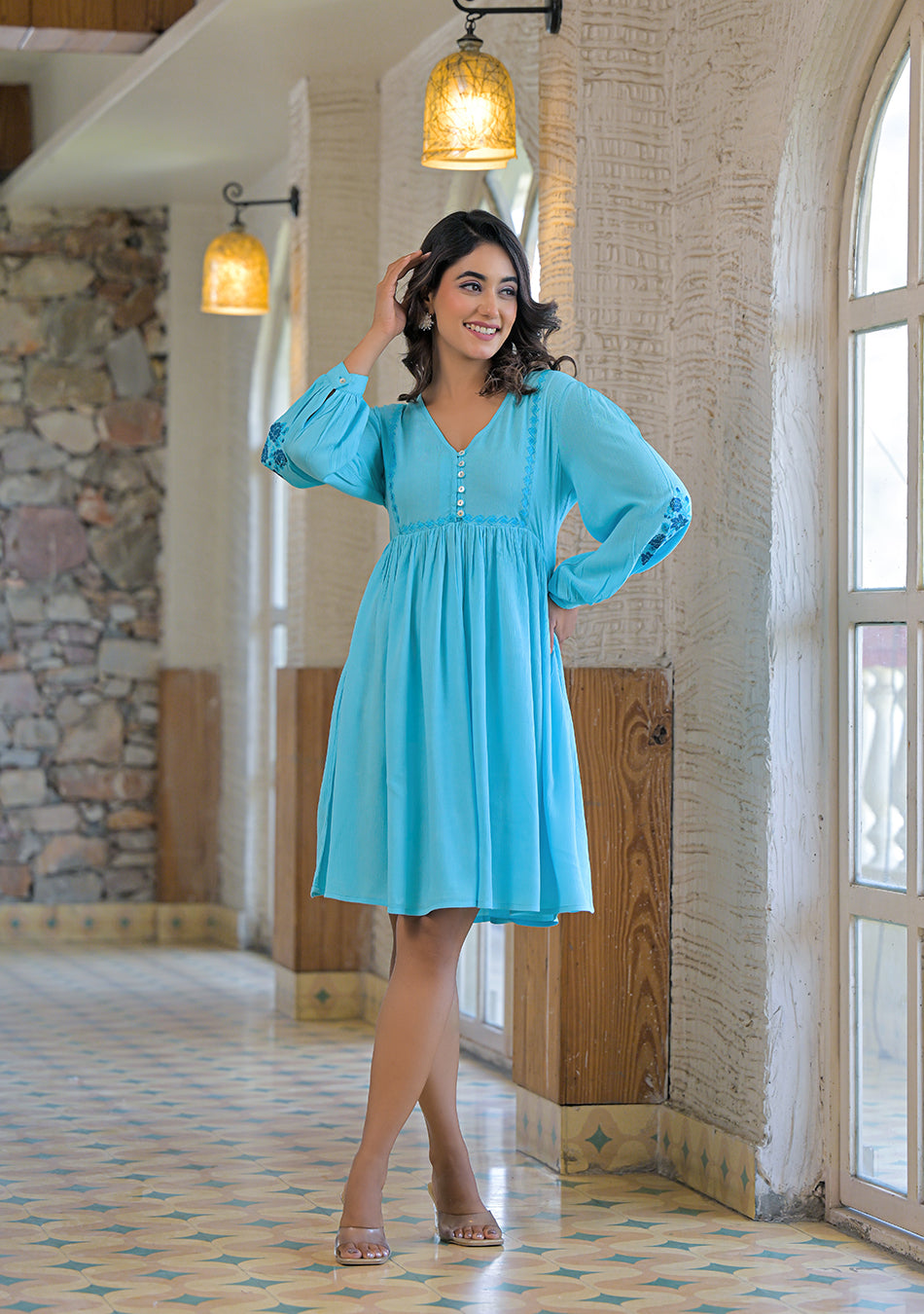 Aqua Mist Crickled Empire Dress