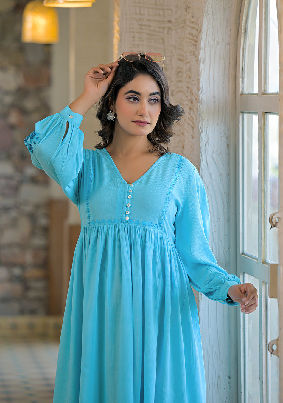 Aqua Mist Crickled Empire Dress