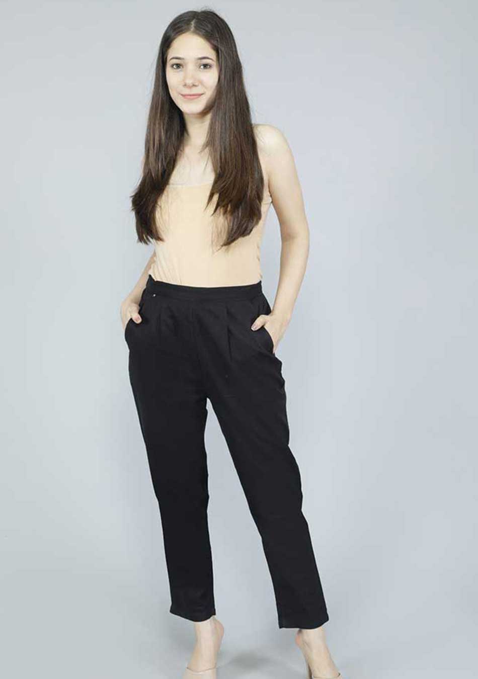 Solid Black Cotton Fabric Pants Aravalii