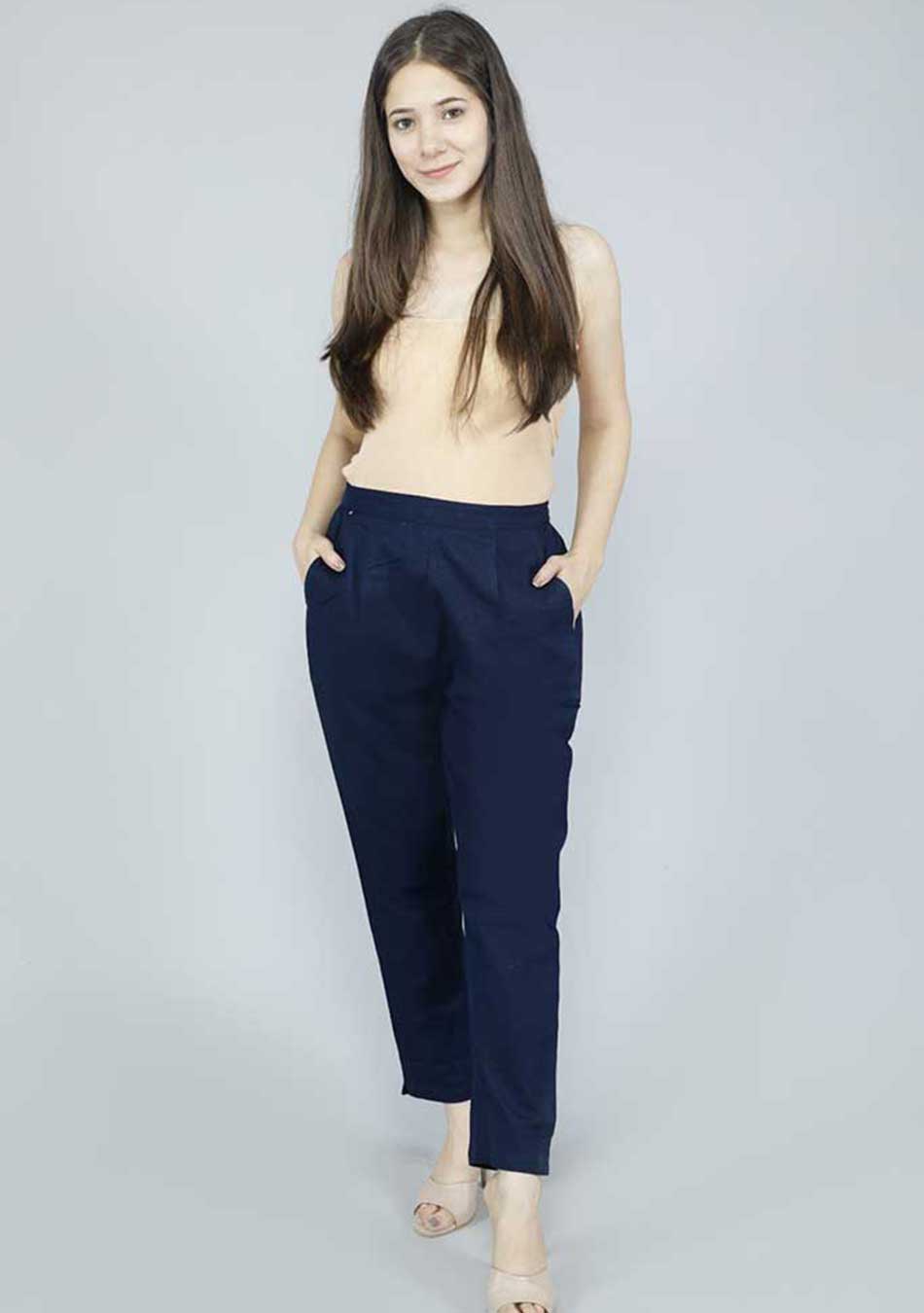 Solid Blue Cotton fabric Pants Buy Women Clothing