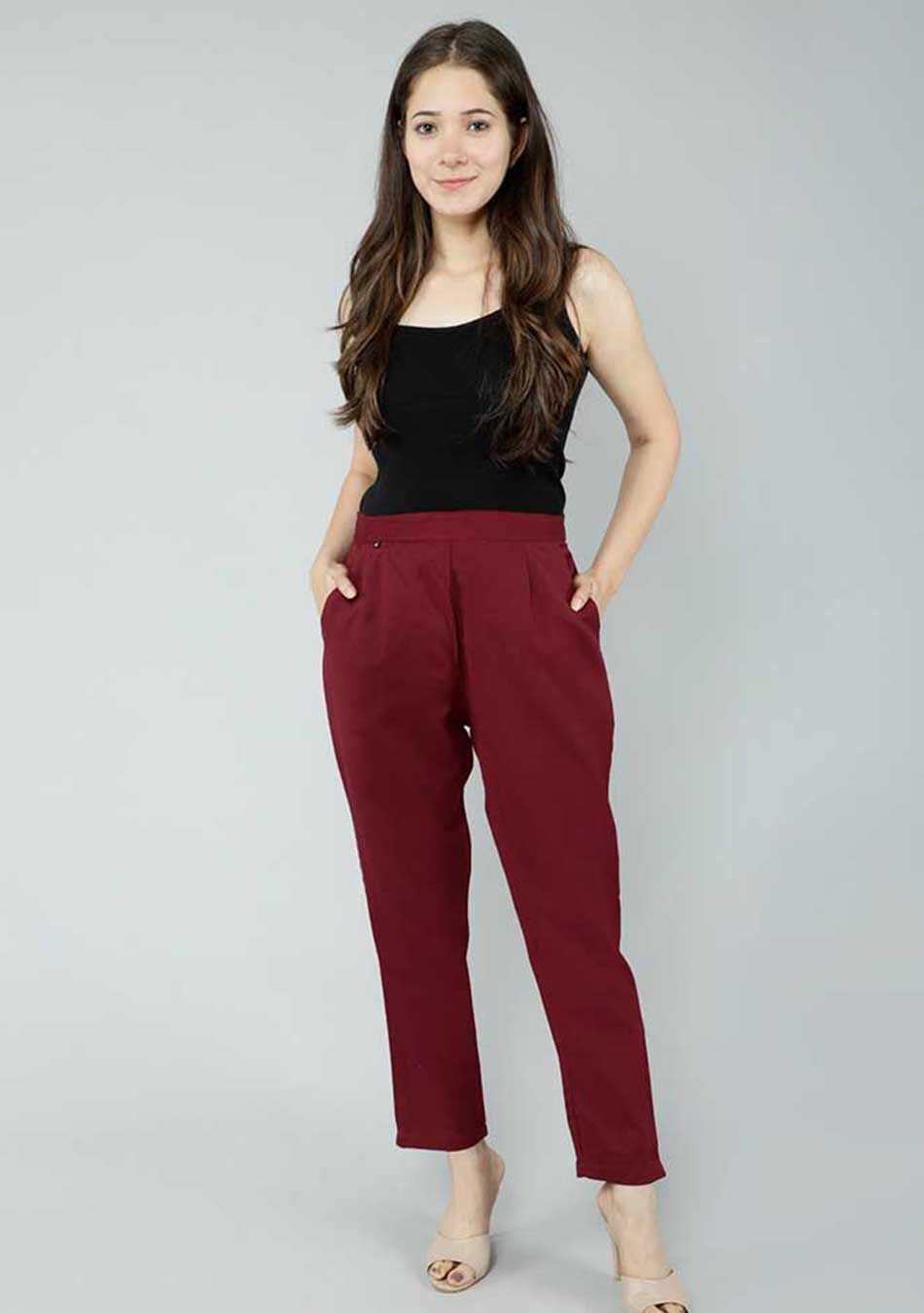 Solid Red Cotton Fabric Pants