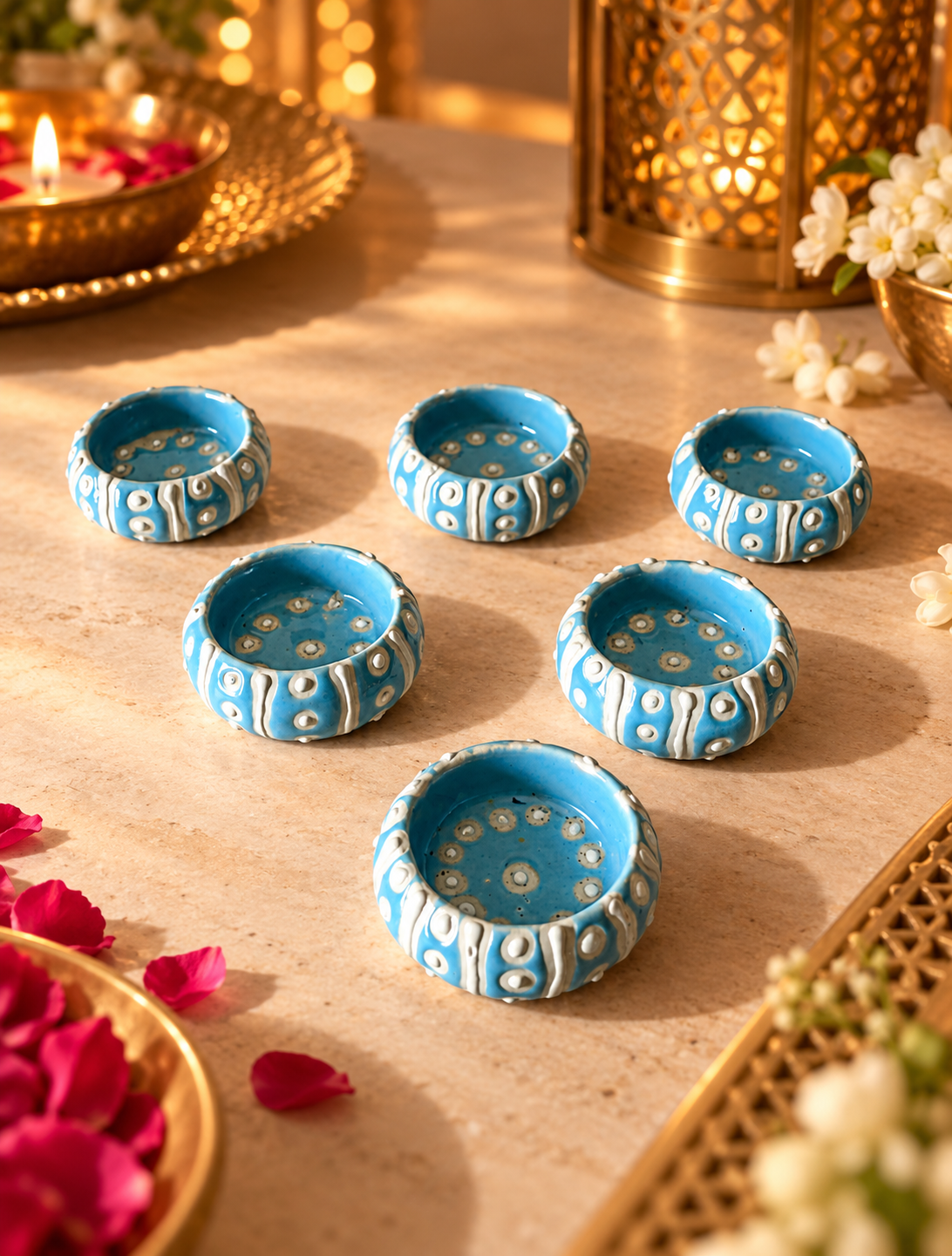 sky blue hand painted Diya Set of 6