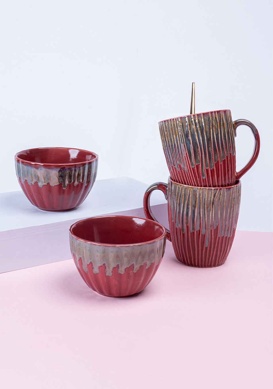 Tea for Two: Red Ceramic Bowls & Mugs Set - Handcrafted