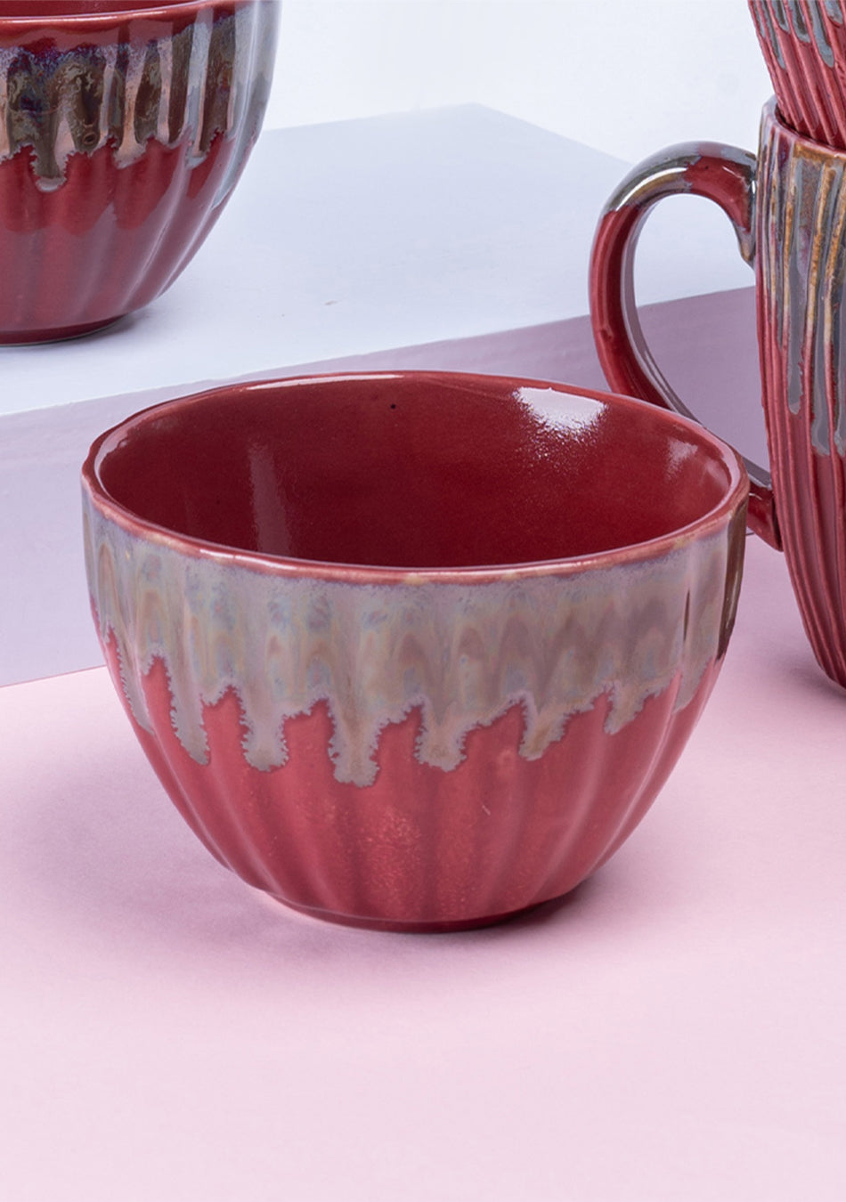 Tea for Two: Red Ceramic Bowls & Mugs Set - Handcrafted