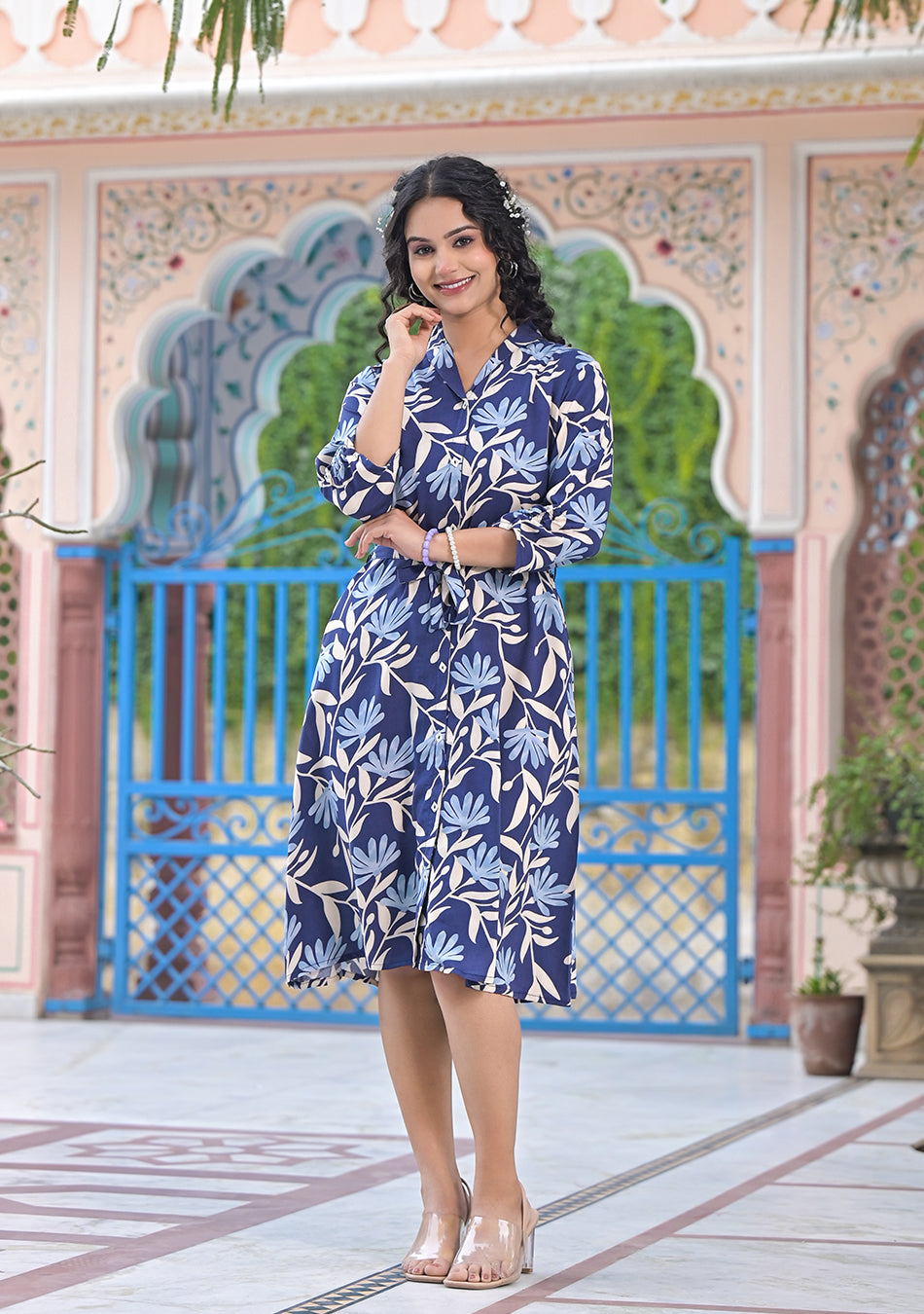 Azure Botanical Midi Dress