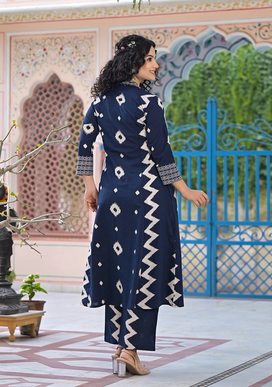Blue Ikkat Kurta Pant Set with Dupatta