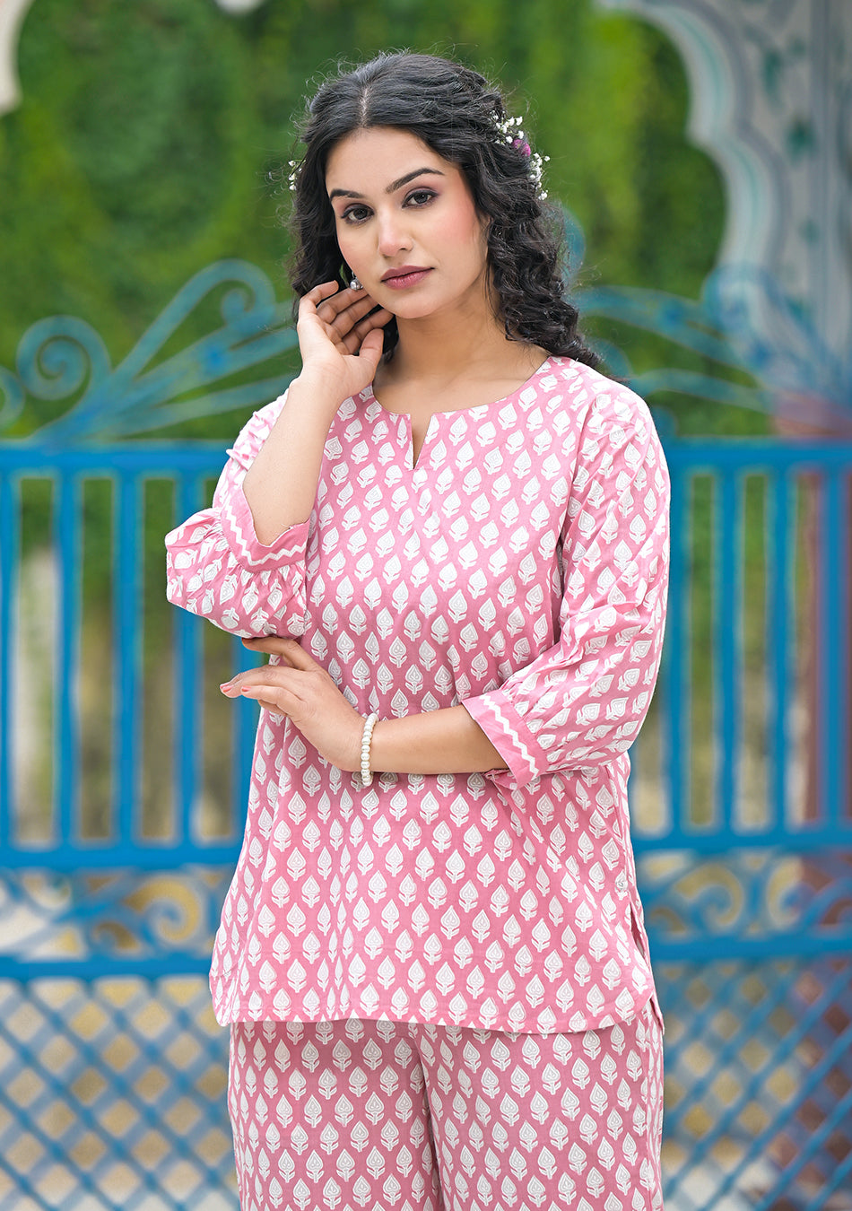 Pink Khadi Print Night Wear/Lounge Wear