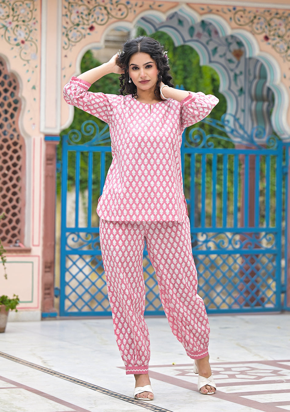 Pink Khadi Print Night Wear/Lounge Wear
