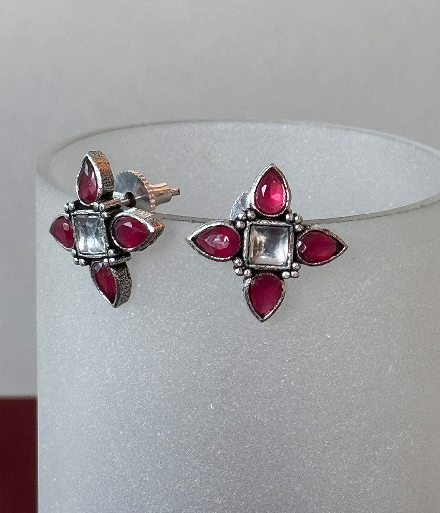 Snowy Ruby Petal Stud Earrings