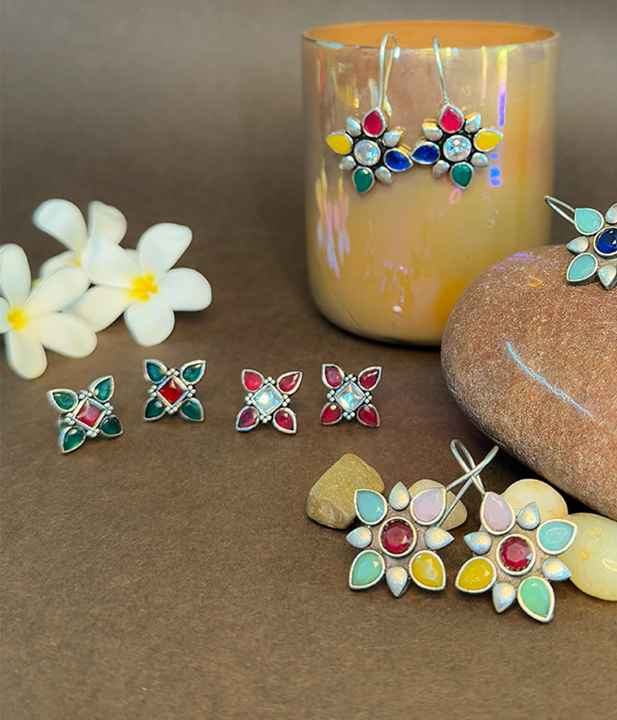 Floral Charm Enamel Earrings, Set of 5