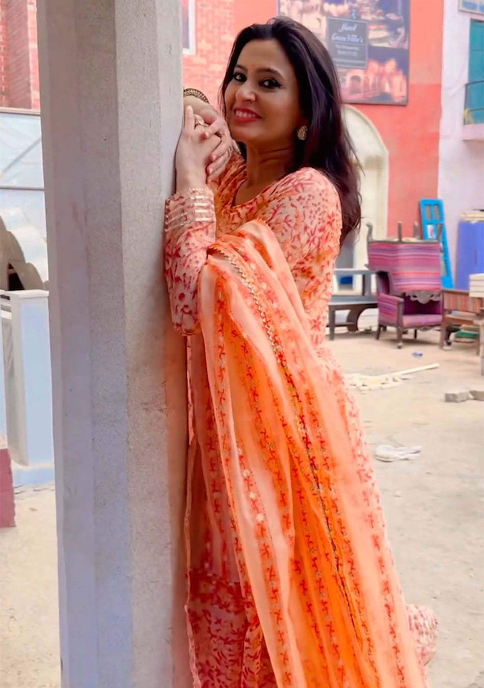 Tangerine Blossom Organza Anarkali Set
