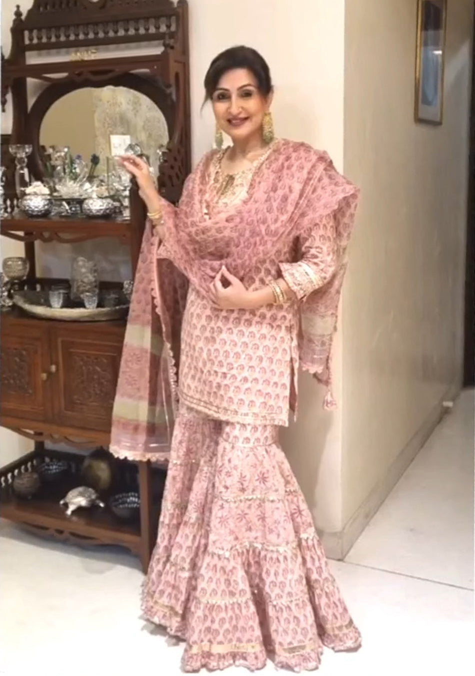 Pink Floral Hand Block Printed Kurta Sharara Set with Dupatta