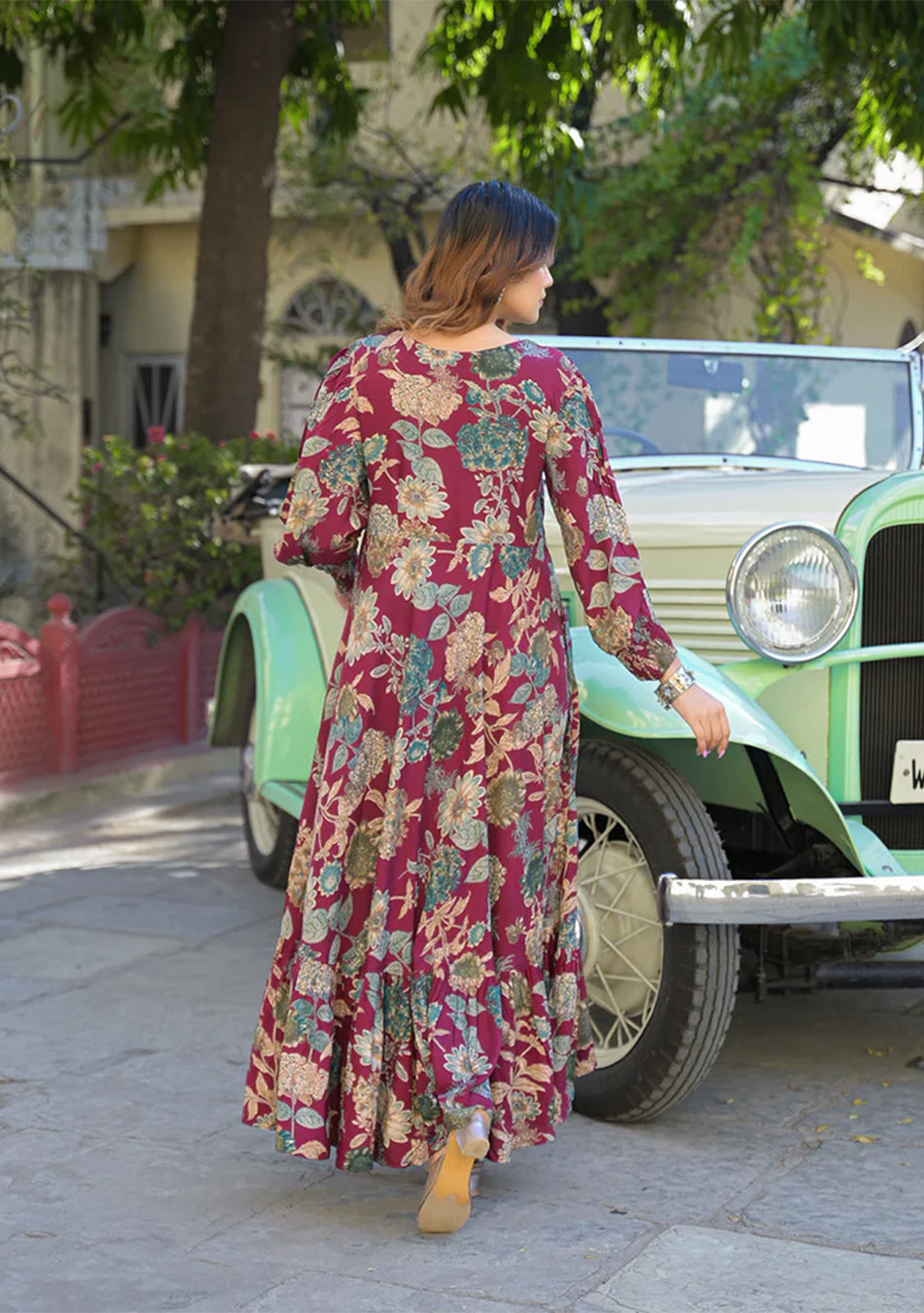 Maroon Floral Print Rayon Fabric Flared Long Dress