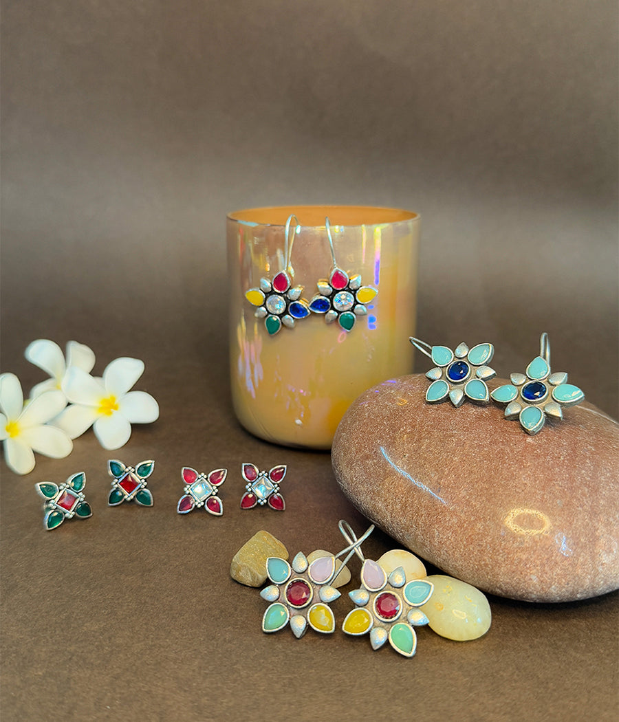 Floral Charm Enamel Earrings, Set of 5