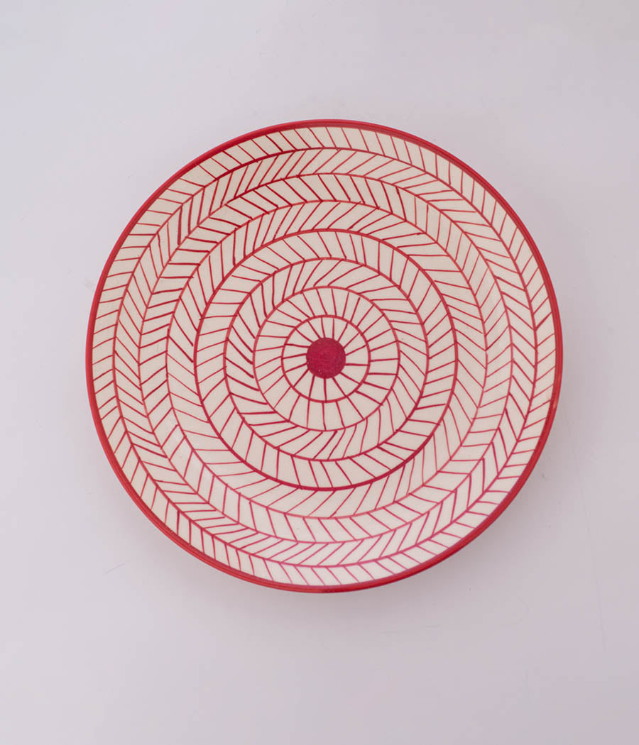 Strip Design White and Red Ceramic Platter - Set of 8