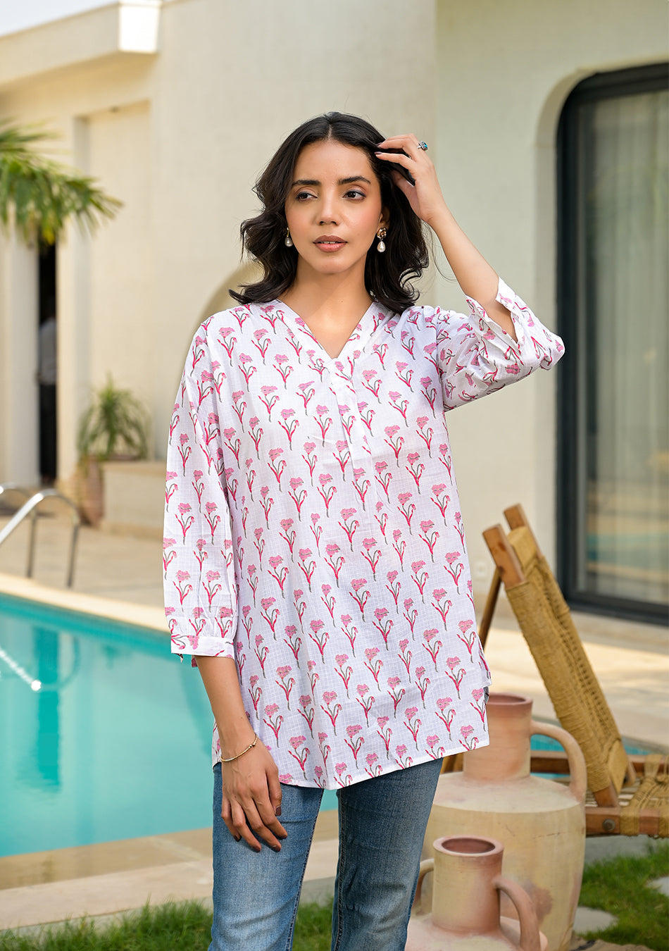 White Printed cotton Top