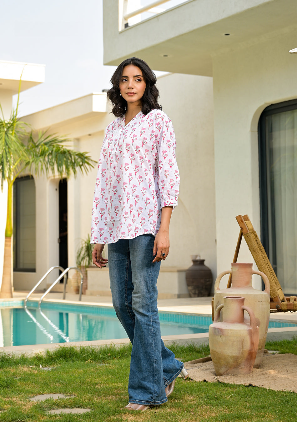 White Printed cotton Top