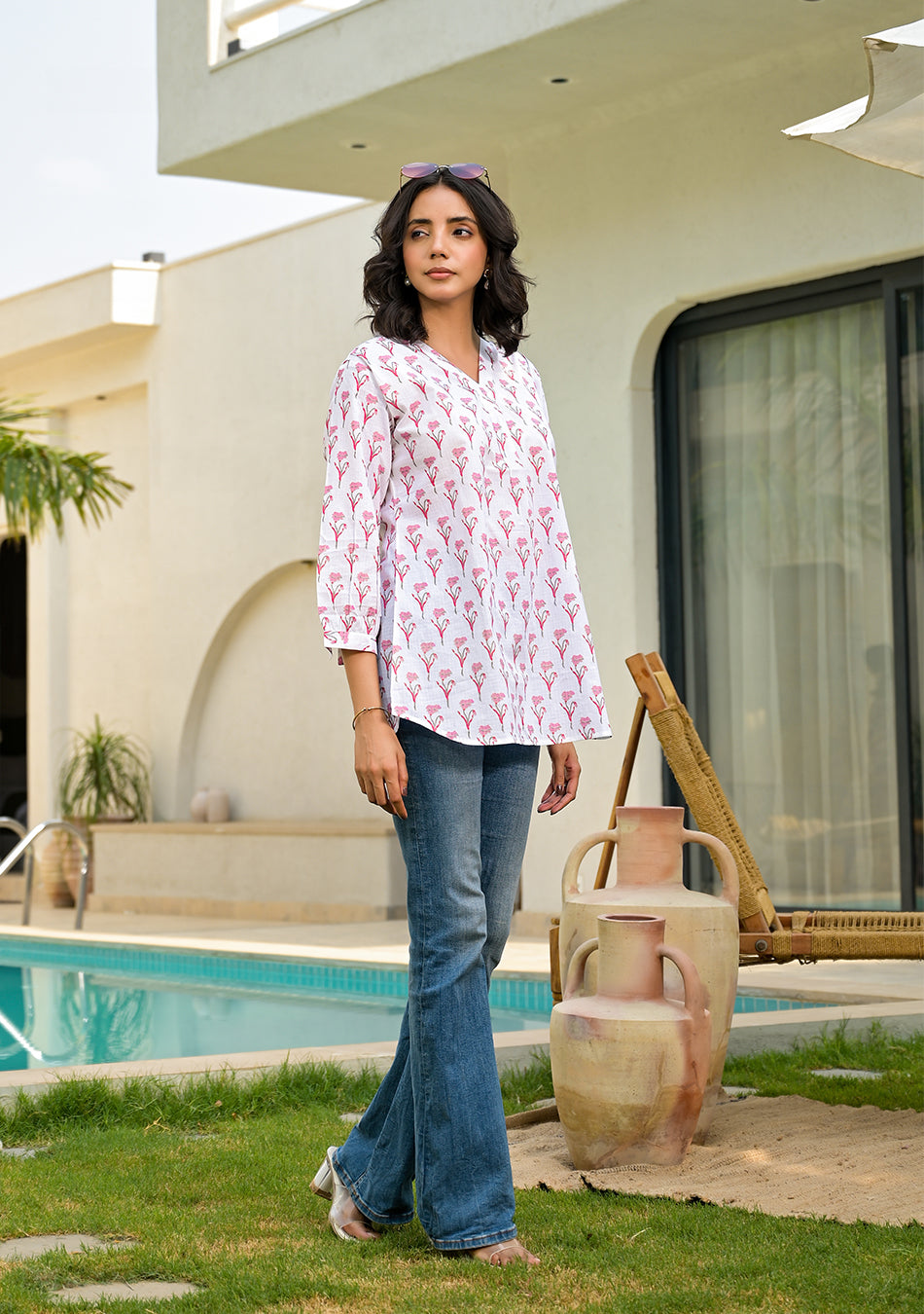 White Printed cotton Top