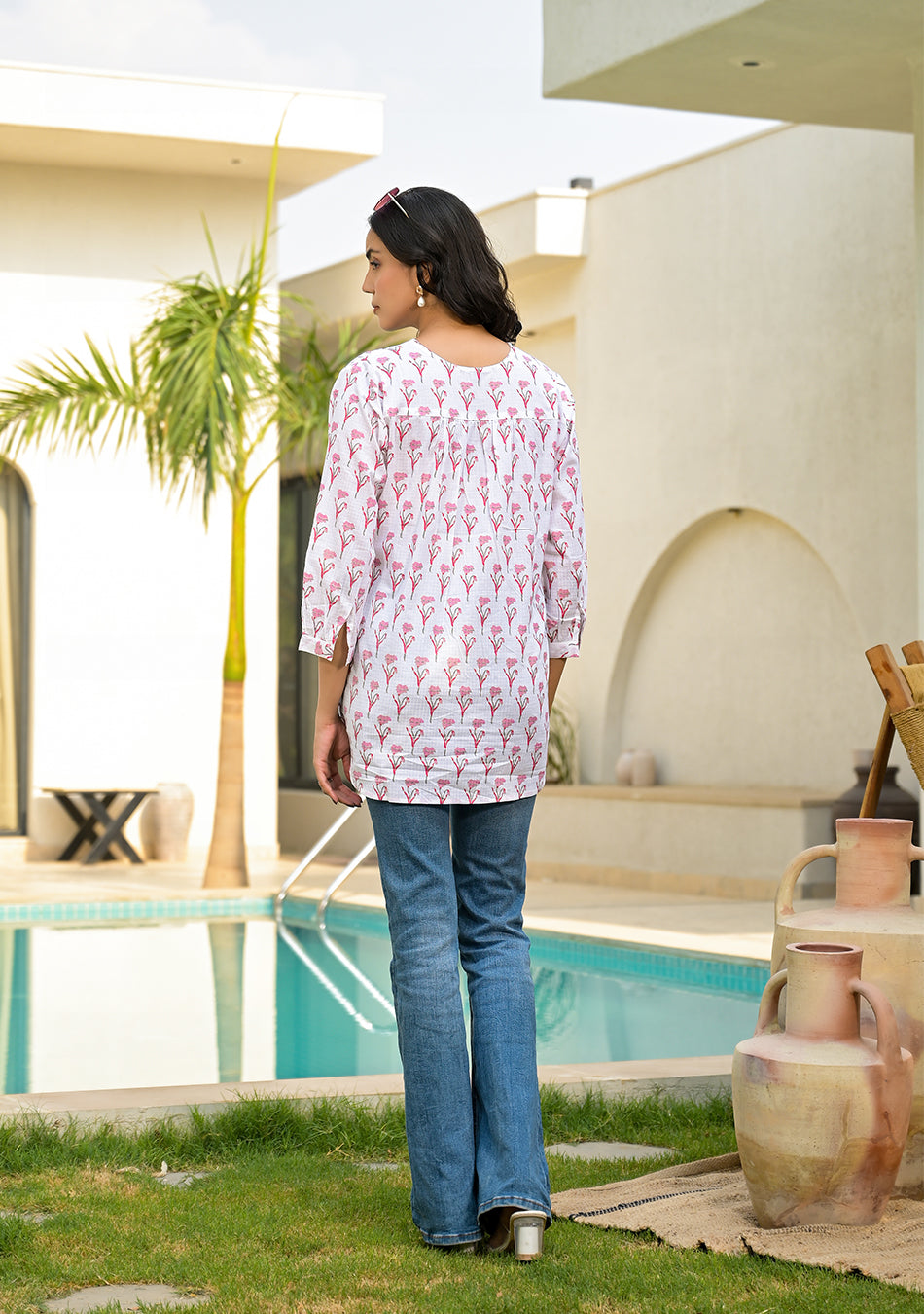 White Printed cotton Top