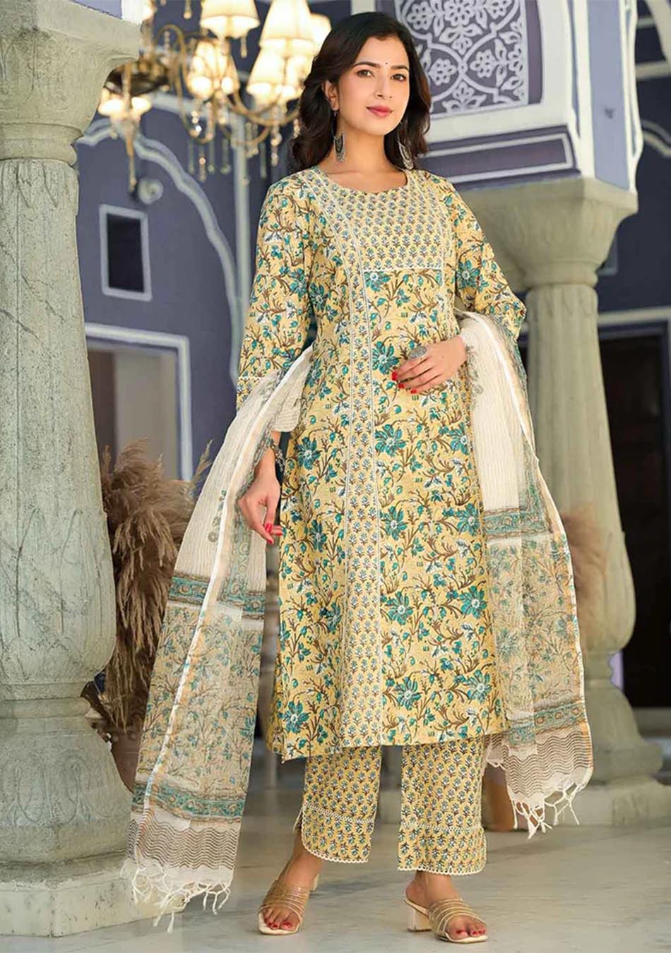 Citrus Breeze Handblock Print Suit Set with Kota Dupatta